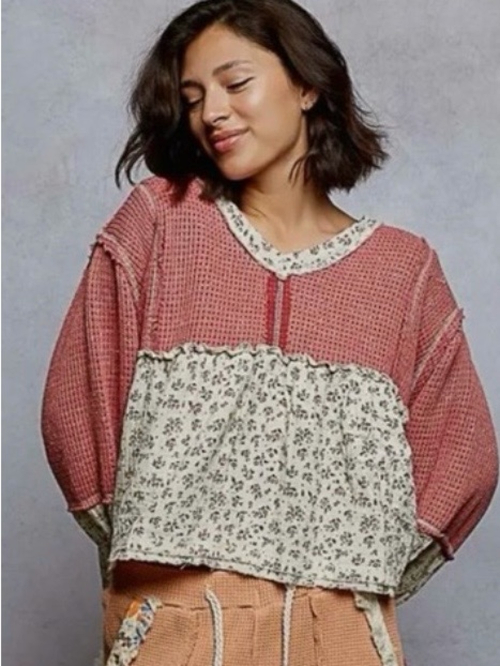 POL Dusty Pink Waffle Knit Pullover with Cream Floral Panel